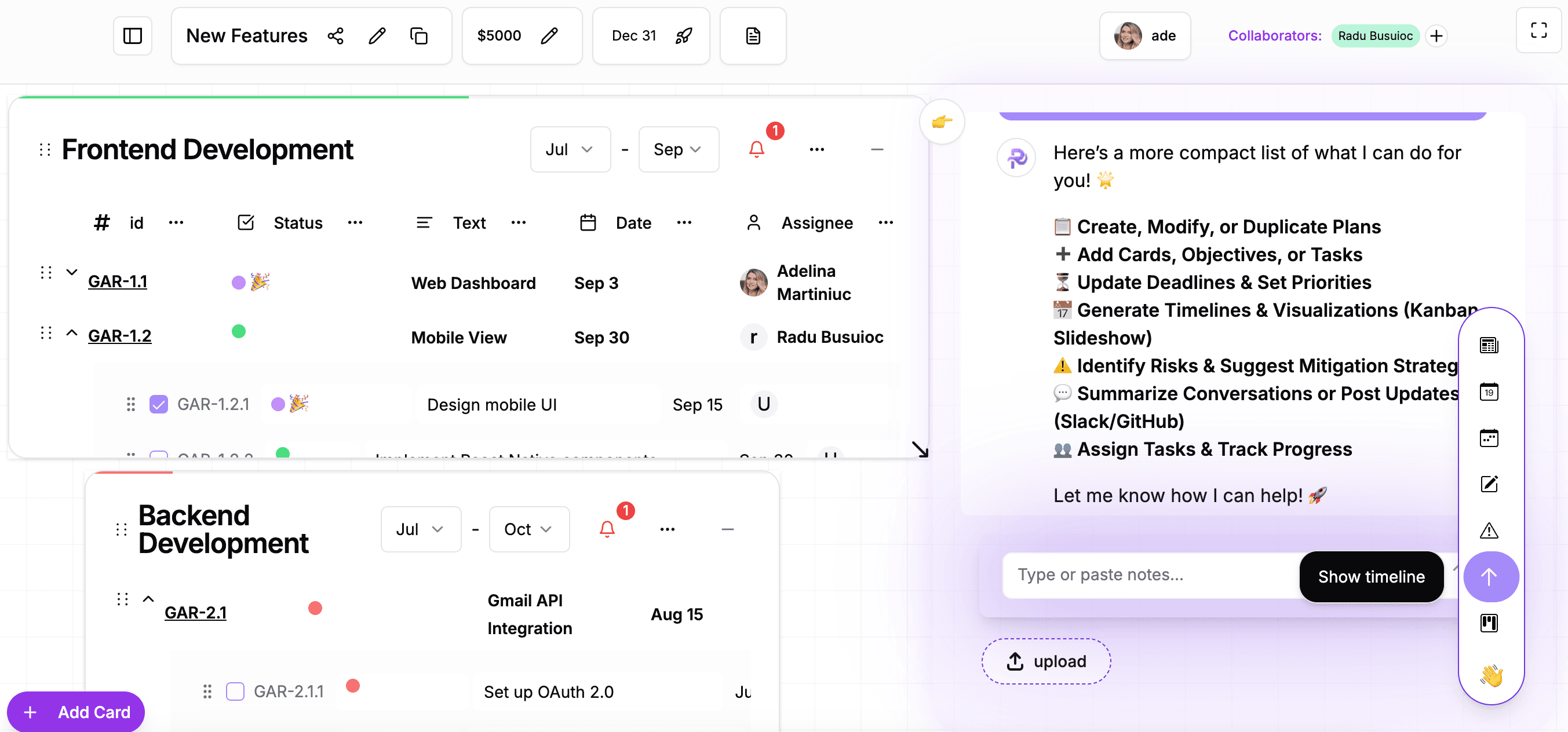 RoryPlans comprehensive project management interface with AI assistant